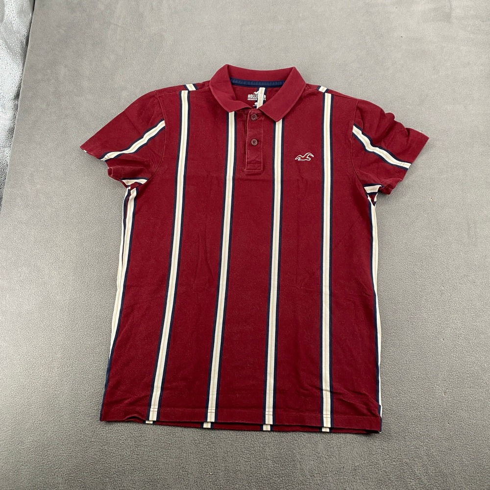 Hollister Mens Advanced Stretch Polo Shirt Burgundy Red Vertical Stripe Small